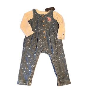 NWT Tommy Hilfiger Baby Girl's Printed Denim Overall 2 Piece Top Pant Set 24 Mon